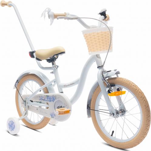 Flower Bike Fiets voor een meisje van 4 tot 6 jaar, 16 inch Baby blue, met fietsbel, zijwieltjes, duwstang en stuurmandje