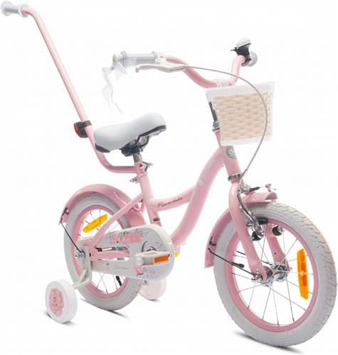 Flower Bike Fiets voor een meisje van 3 tot 5 jaar, 14 inch Roze, met fietsbel, zijwieltjes, duwstang en stuurmandje