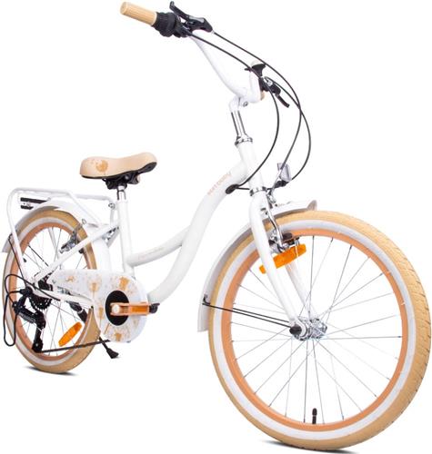 Flower Bike Fiets voor een meisje van 6 tot 10 jaar, 20 inch Wit Beige, 6 versnellingen Shimano, kinderfiets in hoogte verstelbaar