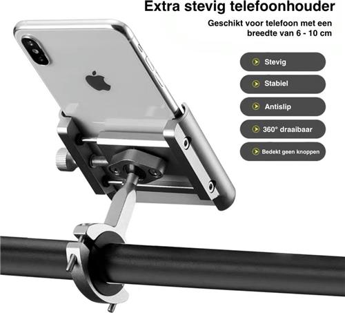 ROCKBROS Telefoonhouder fiets  Fietshouder voor smartphones  Verstelbaar 6-10cm  360° draaibaar  Aluminium  Zilver