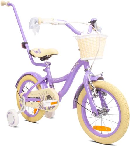 Flower Bike Fiets voor een meisje van 3 tot 5 jaar, 14 inch Lavendel, met fietsbel, zijwieltjes, duwstang en stuurmandje