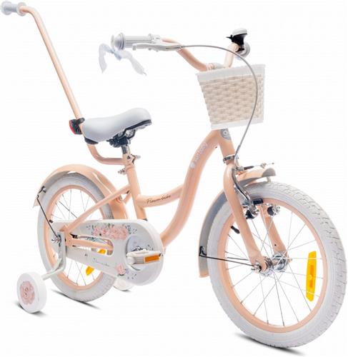 Flower Bike Fiets voor een meisje van 4 tot 6 jaar, 16 inch Abrikoos, met fietsbel, zijwieltjes, duwstang en stuurmandje