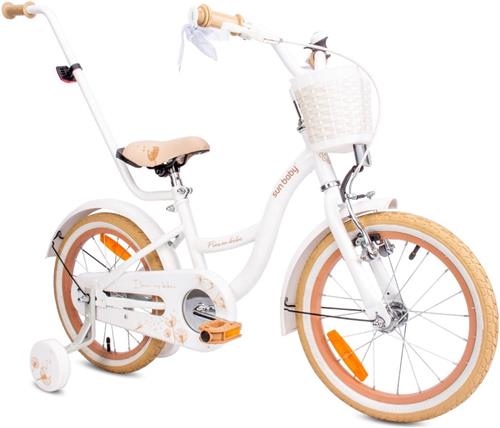 Flower Bike Fiets voor een meisje van 4 tot 6 jaar, 16 inch Wit Beig, met fietsbel, zijwieltjes, duwstang en stuurmandje