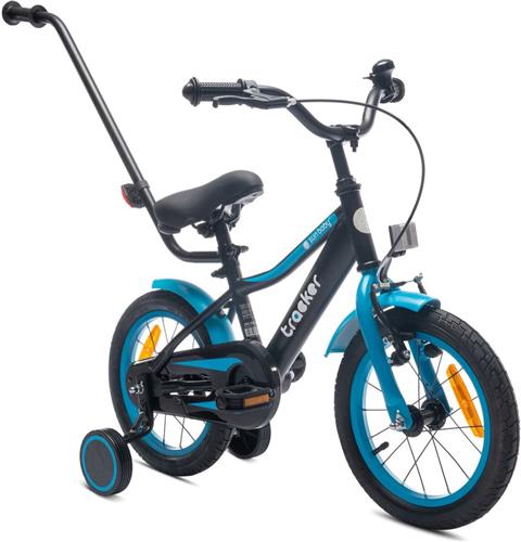 Tracker Bike Kinderfiets voor jongens 14 inch Blauw neon, leeftijd 3 tot 5 jaar, met zijwieltjes, duwstang, handrem)