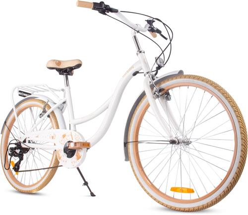 Flower Bike Kinderfiets 24 inch meisjes van 8 tot 12 jaar, Beige en wit, Fiets voor een meisje met 7 versnellingen, bagagedrager, metalen spatborden, V-brake, kettingkast