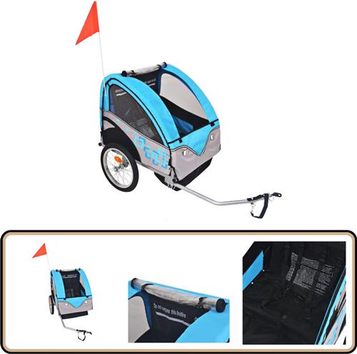 vidaXL Fietstrailer - 30 kg - Grijs en Blauw Kinderfietsen - Fietskar - Kids Bike Trailer - Oxford Stof - Stalen Frame