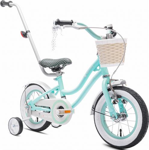 Heart Bike Fiets voor een meisje van 2 tot 4 jaar, 12 inch Mint, met fietsbel, zijwieltjes, duwstang en stuurmandje
