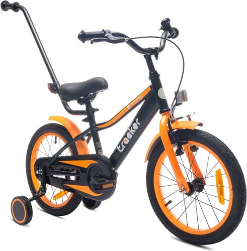 Tracker Bike Kinderfiets voor jongens 16 inch Oranje Neon, leeftijd 4 tot 6 jaar, met zijwieltjes, duwstang, handrem
