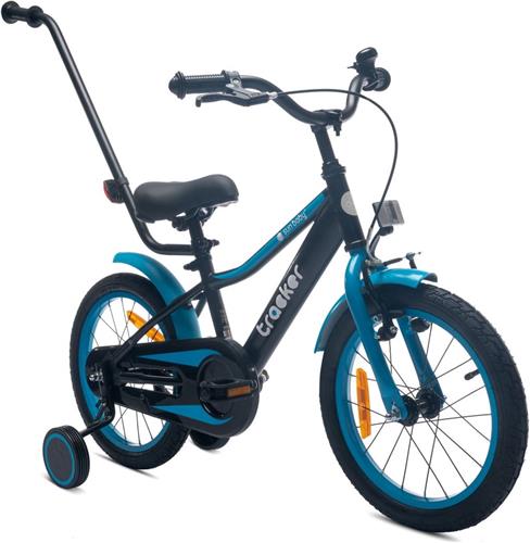 Tracker Bike Kinderfiets voor jongens 16 inch Blauw neon, leeftijd 4 tot 6 jaar, met zijwieltjes, duwstang, handrem