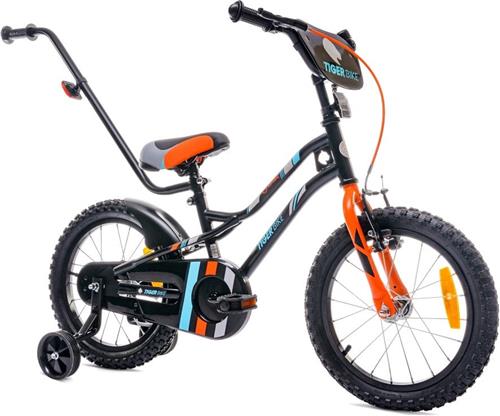 Tiger Bike Kinderfiets voor jongens 16 inch Oranje , leeftijd 4 tot 6 jaar, met zijwieltjes, duwstang, handrem