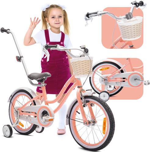 Heart Bike Fiets voor een meisje van 4 tot 6 jaar, 16 inch Abrikoos, met fietsbel, zijwieltjes, duwstang en stuurmandje