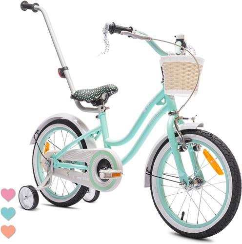 Heart Bike Fiets voor een meisje van 4 tot 6 jaar, 16 inch Mint, met fietsbel, zijwieltjes, duwstang en stuurmandje