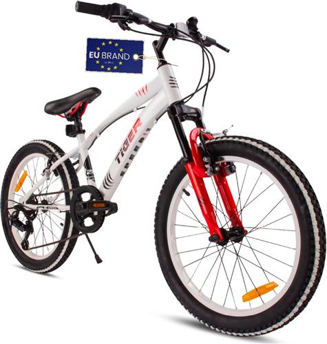 Tiger Bike Kinderfiets voor jongens van 6 tot 10 jaar, 20 inch Wit Rood, wielmaat te kiezen uit 6 versnellingen Shimano, in hoogte verstelbaar