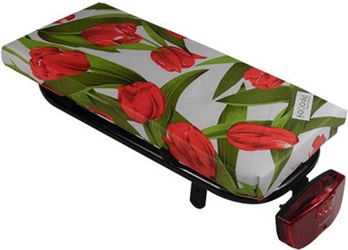 Cushie Tulips Red - zacht en fleurig fietskussentje voor op bagagedrager