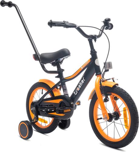 Tracker Bike Kinderfiets voor jongens 14 inch Oranje Neon, leeftijd 3 tot 5 jaar, met zijwieltjes, duwstang, handrem