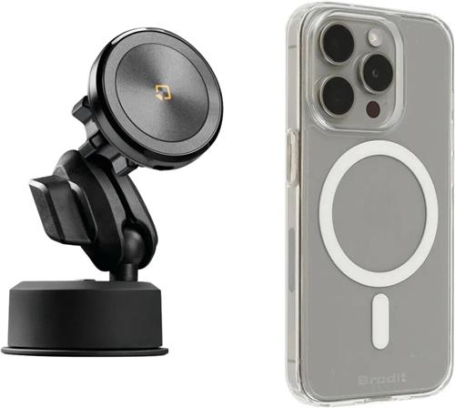 zuignap met magnetisch telefoonhouder draadloos opladen (magsafe) + Brodit iPhone hoes MagSafe