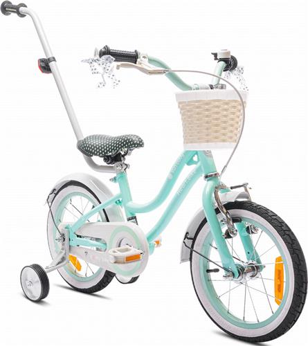 Heart Bike Fiets voor een meisje van 3 tot 5 jaar, 14 inch Mint, met fietsbel, zijwieltjes, duwstang en stuurmandje
