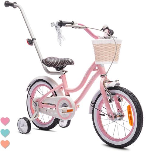 Heart Bike Fiets voor een meisje van 3 tot 5 jaar, 14 inch Roze, met fietsbel, zijwieltjes, duwstang en stuurmandje