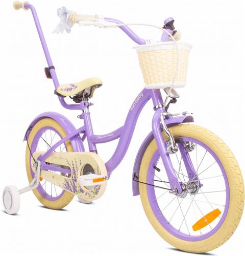 Flower Bike Fiets voor een meisje van 3 tot 5 jaar, 16 inch Lavendel, met fietsbel, zijwieltjes, duwstang en stuurmandje