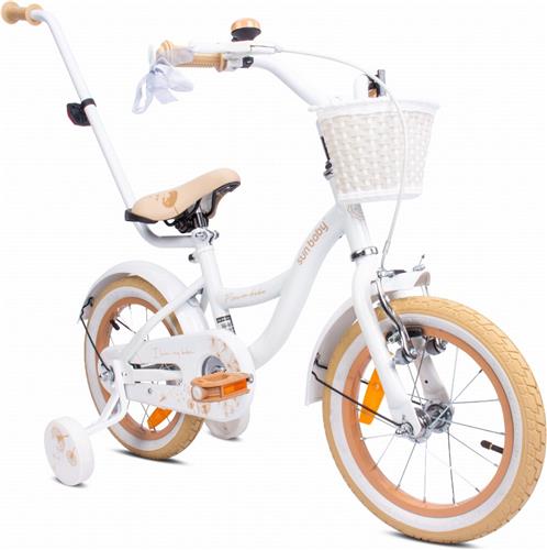 Flower Bike Fiets voor een meisje van 4 tot 6 jaar, 14 inch Wit Beig, met fietsbel, zijwieltjes, duwstang en stuurmandje