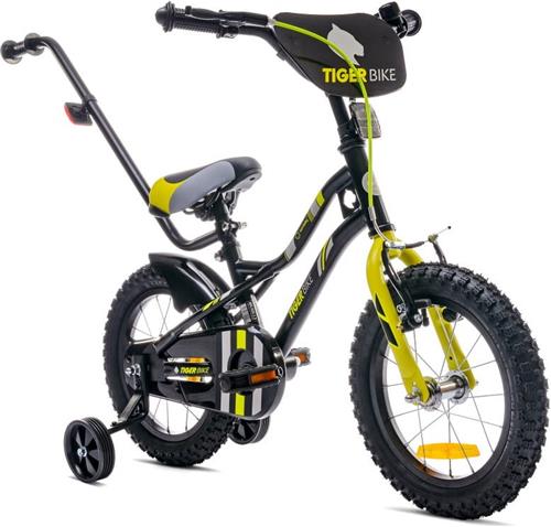 Tiger Bike Kinderfiets voor jongens 14 inch Zwart-Geel, leeftijd 3 tot 5 jaar, met zijwieltjes, duwstang, handrem