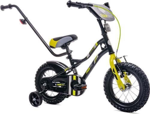 Tiger Bike Kinderfiets voor jongens 12 inch Zwart-Geel, leeftijd 2 tot 4 jaar, met zijwieltjes, duwstang, handrem