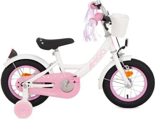 AMIGO Perfect Meisjesfiets - Kinderfiets voor Meisjes - 12 Inch 21 cm - Terugtraprem - Wit/Roze
