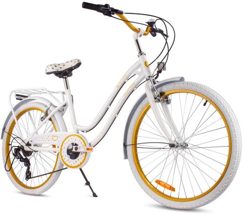 Heart Bike Kinderfiets 24 inch meisjes van 8 tot 12 jaar, Wit-Goud, Fiets voor een meisje met 7 versnellingen, bagagedrager, metalen spatborden, V-brake, kettingkast