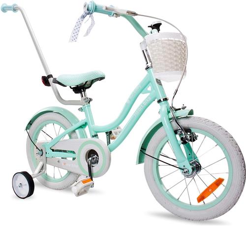 Heart Bike Fiets voor een meisje van 3 tot 5 jaar, 14 inch Silver Moon Mint, met fietsbel, zijwieltjes, duwstang en stuurmandje