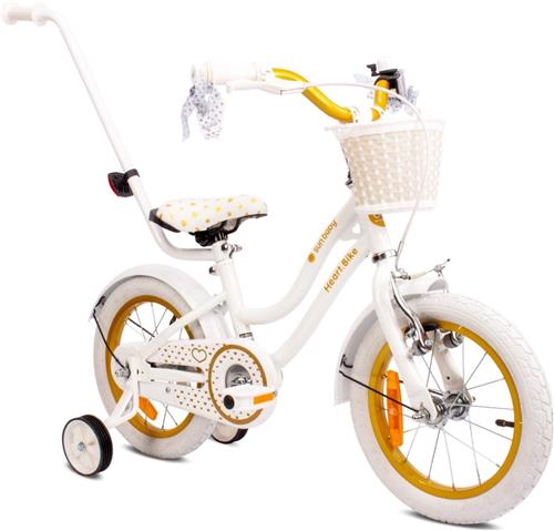Heart Bike Fiets voor een meisje van 3 tot 5 jaar, 14 inch Wit Goud, met fietsbel, zijwieltjes, duwstang en stuurmandje