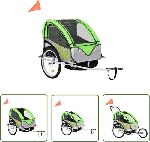 The Living Store Fietstrailer en kinderwagen 2-in-1 groen en grijs - Kinderfietskar - Fietskar - Wandelwagen - Babybakfiets - Tweewieler