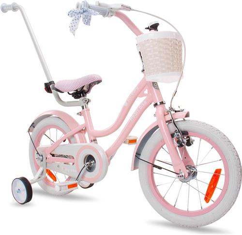 Heart Bike Fiets voor een meisje van 2 tot 6 jaar, 14 inch Silver Moon Roze, met fietsbel, zijwieltjes, duwstang en stuurmandje