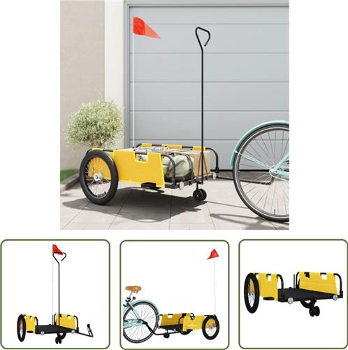 The Living Store Fietstrailer oxford stof en ijzer geel en zwart - Fietskar - Fietsaanhanger - Transportwagen - Zwaartransport - Oxfordsstof