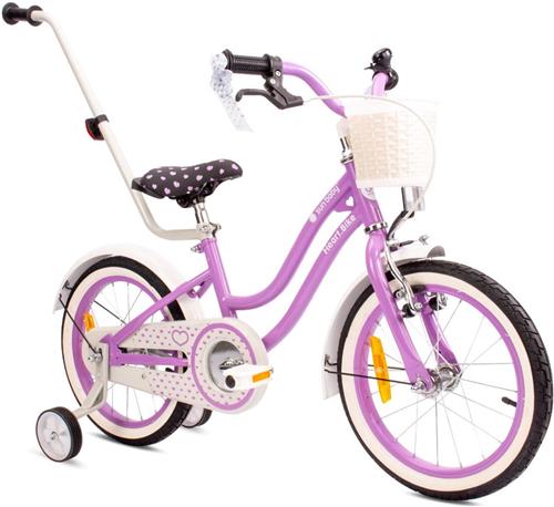 Heart Bike Fiets voor een meisje van 4 tot 6 jaar, 16 inch Paars, met fietsbel, zijwieltjes, duwstang en stuurmandje