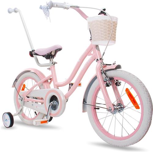Heart Bike Fiets voor een meisje van 4 tot 6 jaar, 16 inch Silver Moon Roze, met fietsbel, zijwieltjes, duwstang en stuurmandje