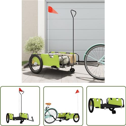 The Living Store Fietstrailer oxford stof en ijzer groen en zwart - Fietskar - Fietsenrek - Transportwagen - Bagagedrager - Ijsbaan