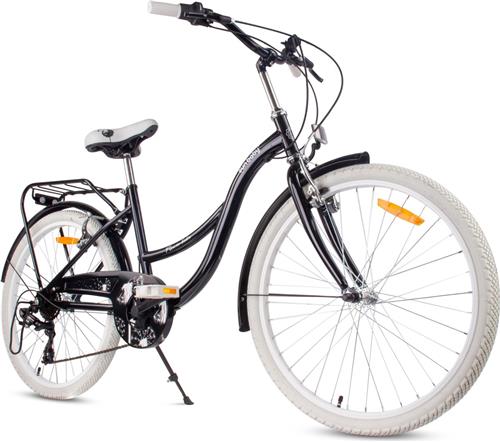 Flower Bike Kinderfiets 24 inch meisjes van 8 tot 12 jaar, Zwart, Fiets voor een meisje met 7 versnellingen, bagagedrager, metalen spatborden, V-brake, kettingkast