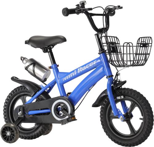 Buxibo Mini Racer - 12 Inch Kinderfiets met Zijwielen  Stoere Fiets voor Kinderen 2-4 Jaar  Verstelbaar Zadel en Stuur  Met Opbergbak en Mand - Perfect voor Leren Fietsen - Blauw