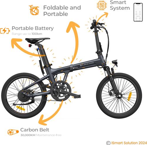 ADO E-bike A20S Air Elektrische Fiets | vouwfiets | Lichtgewicht (16-18 kg) | 25 km/u |100 km Actieradius | 250W Motor | Samsung-batterij | Aluminium Frame voor Recreatieve Activiteiten | Grijs