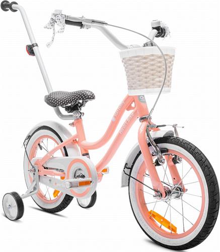 Heart Bike Fiets voor een meisje van 3 tot 5 jaar, 14 inch Abrikoos, met fietsbel, zijwieltjes, duwstang en stuurmandje