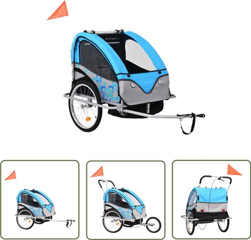 The Living Store Fietstrailer en kinderwagen 2-in-1 blauw en grijs - Kinderfietskar - Fietstrolley - Kindertransport - Tweewieler - Kids Bike Trailer