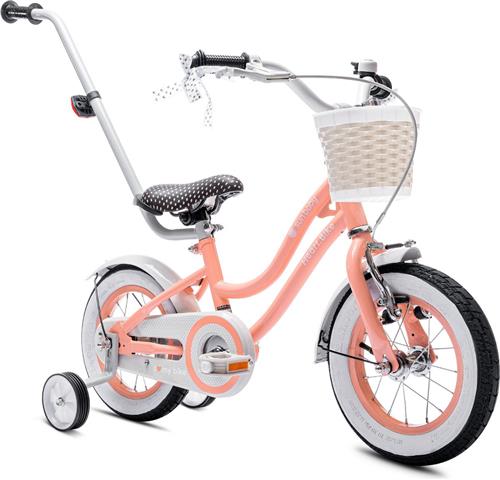 Heart Bike Fiets voor een meisje van 2 tot 4 jaar, 12 inch Abrikoos, met fietsbel, zijwieltjes, duwstang en stuurmandje