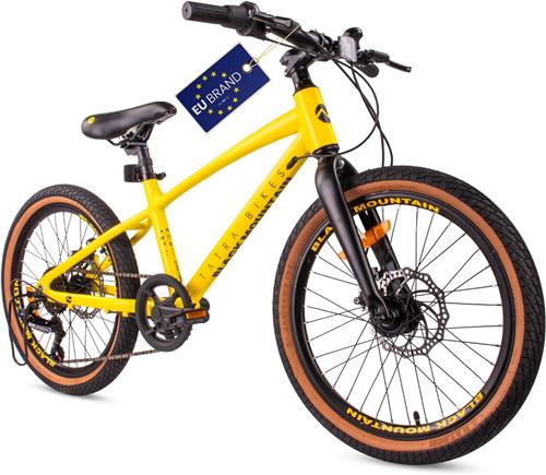 Tatra Bikes Kinderfiets 20 inch, Fiets voor Kinderen van 5 tot 8 jaar met aluminium frame, 6 derailleurversnellingen, schijfremmen, bel, voetsteun, reflectoren (Geel)