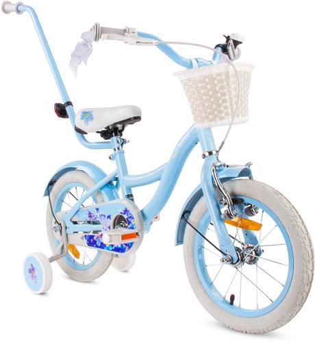 Flower Bike Fiets voor een meisje van 4 tot 6 jaar, 16 inch Blauw, met fietsbel, zijwieltjes, duwstang en stuurmandje