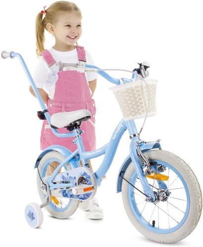 Flower Bike Fiets voor een meisje van 3 tot 5 jaar, 14 inch Blauw, met fietsbel, zijwieltjes, duwstang en stuurmandje