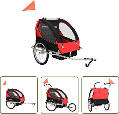 The Living Store Fietstrailer en kinderwagen 2-in-1 zwart en rood - Kinderfietskar - Fietskar - Wandelwagen - Tweewieler - Babybakfiets