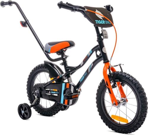 Tiger Bike Kinderfiets voor jongens 14 inch Oranje, leeftijd 3 tot 5 jaar, met zijwieltjes, duwstang, handrem