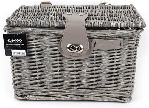 AMIGO Fietsmand Met Deksel - 10 Liter voor Kinderfiets - Riet - Asgrijs - Fietsmand Kinderfiets - Bakkersmand