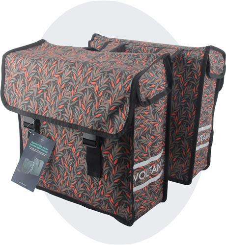 Voltano Dubbele Fietstas Crimson Leaf - Zwarte Met Grijze Bloemen - 38 Liter - 100% Waterdicht Polyester - Vrolijke Fietstassen