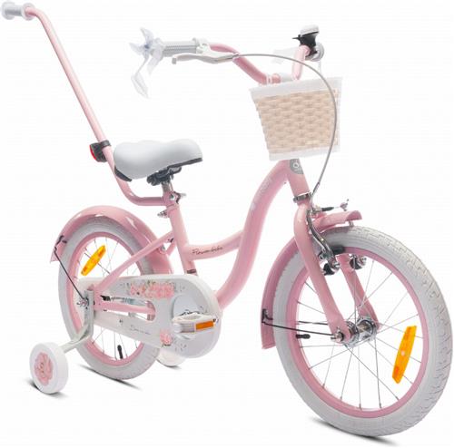 Flower Bike Fiets voor een meisje van 4 tot 6 jaar, 16 inch Roze, met fietsbel, zijwieltjes, duwstang en stuurmandje